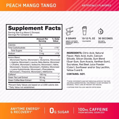 Optimum Nutrition ESSENTIAL AMIN.O. ENERGY® *new* Peach Mango Tango - Notify Me 0.6 lb - Notify me South Africa | ECZPFB-260