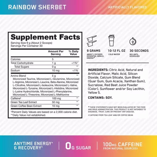 Optimum Nutrition ESSENTIAL AMIN.O. ENERGY® *new* Rainbow Sherbet - Notify Me 0.6 lb - Notify me South Africa | NALCJV-268