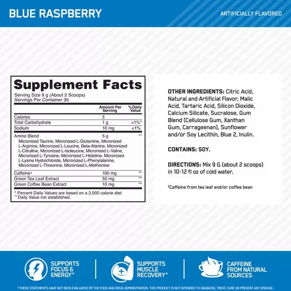 Optimum Nutrition ESSENTIAL AMIN.O. ENERGY® Blue Raspberry 0.6 lb (30 Servings) South Africa | EWJDGU-184