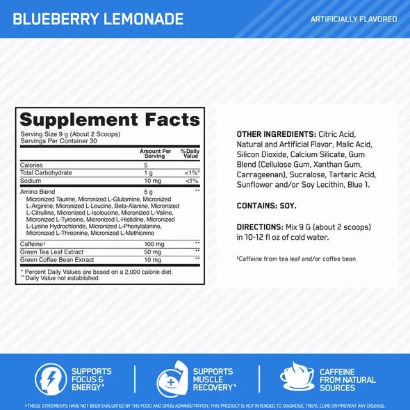 Optimum Nutrition ESSENTIAL AMIN.O. ENERGY® Blueberry Lemonade 0.6 lb (30 Servings) South Africa | MEABZW-263