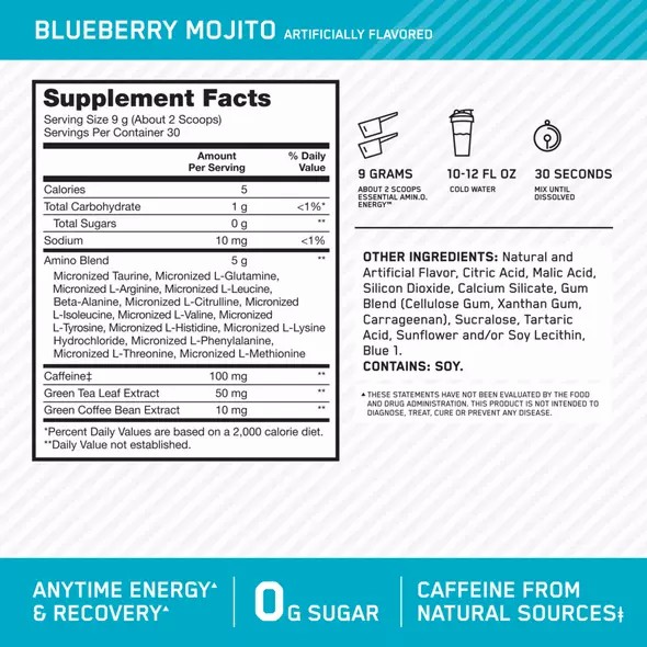 Optimum Nutrition ESSENTIAL AMIN.O. ENERGY® Blueberry Mojito 0.6 lb (30 Servings) South Africa | FABXMI-587
