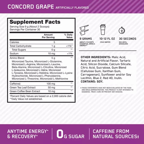 Optimum Nutrition ESSENTIAL AMIN.O. ENERGY® Concord Grape 0.6 lb (30 Servings) South Africa | UQEMXG-491