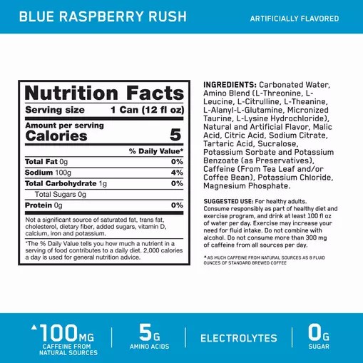 Optimum Nutrition ESSENTIAL AMIN.O. ENERGY+ Electrolytes Sparkling *new* Blue Raspberry Rush 355ml * 12 Cans (12 Servings) South Africa | UTKEJP-132