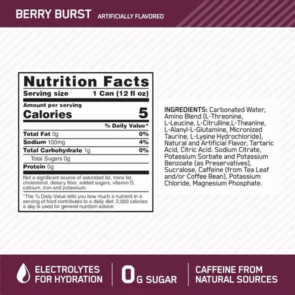 Optimum Nutrition ESSENTIAL AMIN.O. ENERGY+ Electrolytes Sparkling Berry Burst 355ml * 12 Cans (12 Servings) South Africa | XTKJPA-628