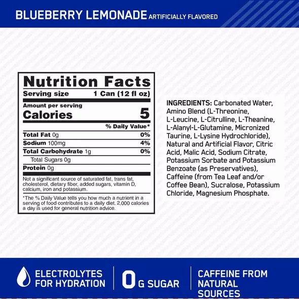 Optimum Nutrition ESSENTIAL AMIN.O. ENERGY+ Electrolytes Sparkling Blueberry Lemonade 355ml * 12 Cans (12 Servings) South Africa | OKAQVZ-135