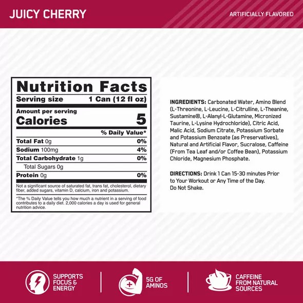 Optimum Nutrition ESSENTIAL AMIN.O. ENERGY+ Electrolytes Sparkling Juicy Cherry 355ml * 12 Cans (12 Servings) South Africa | XIBVDO-049