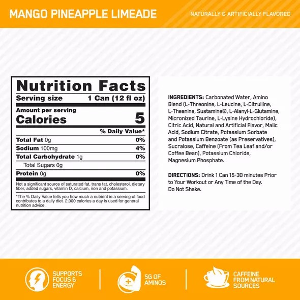 Optimum Nutrition ESSENTIAL AMIN.O. ENERGY+ Electrolytes Sparkling Mango Pineapple Lime 355ml * 12 Cans (12 Servings) South Africa | RLBAWZ-960