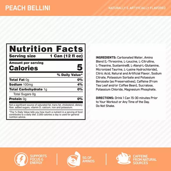 Optimum Nutrition ESSENTIAL AMIN.O. ENERGY+ Electrolytes Sparkling Peach Bellini 355ml * 12 Cans (12 Servings) South Africa | SMJKTL-801
