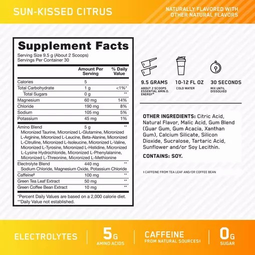 Optimum Nutrition Essential AMIN.O. ENERGY + Electrolytes *new* Sun-kissed Citrus 0.63 lb (30 Servings) South Africa | LEQBNG-932