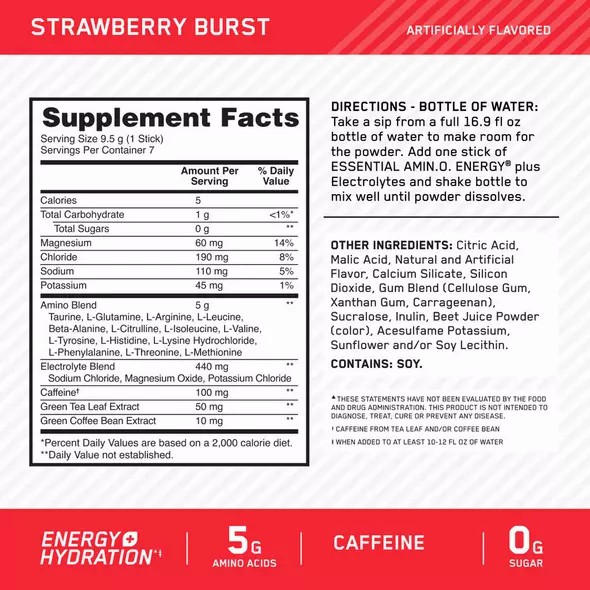 Optimum Nutrition Essential AMIN.O. ENERGY + Electrolytes Strawberry Burst 0.63 lb (30 Servings) South Africa | HLXEWI-276