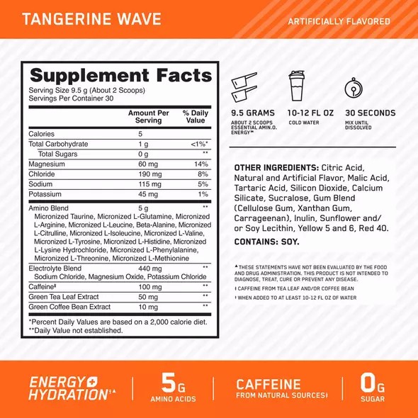 Optimum Nutrition Essential AMIN.O. ENERGY + Electrolytes Tangerine Wave 0.63 lb (30 Servings) South Africa | WRUTLJ-568