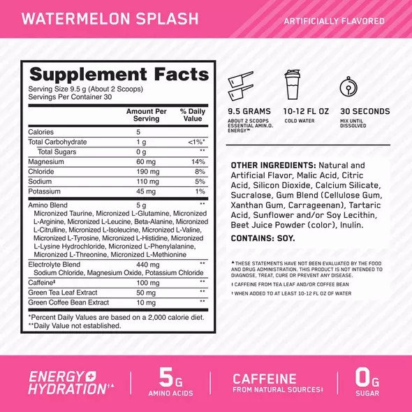 Optimum Nutrition Essential AMIN.O. ENERGY + Electrolytes Watermelon Splash 0.63 lb (30 Servings) South Africa | XHGZOF-302