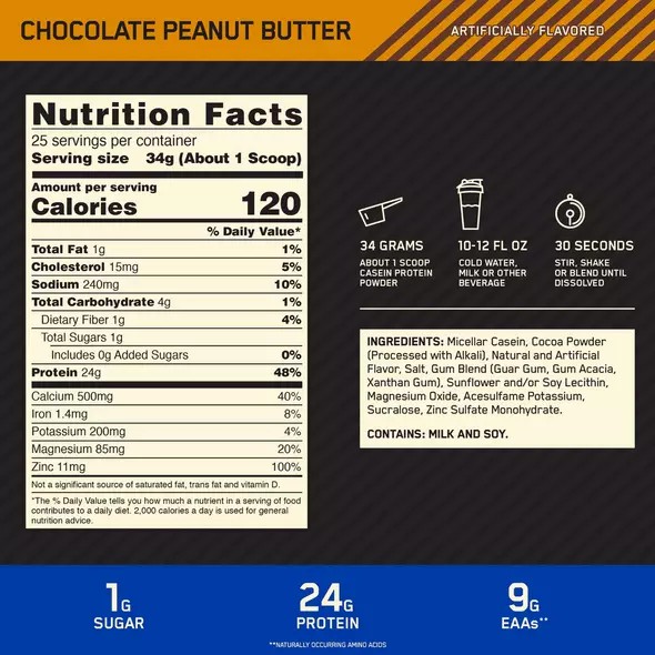 Optimum Nutrition GOLD STANDARD® 100% Casein Chocolate Peanut Butter 2 lb (25 Servings) South Africa | KZXELV-320