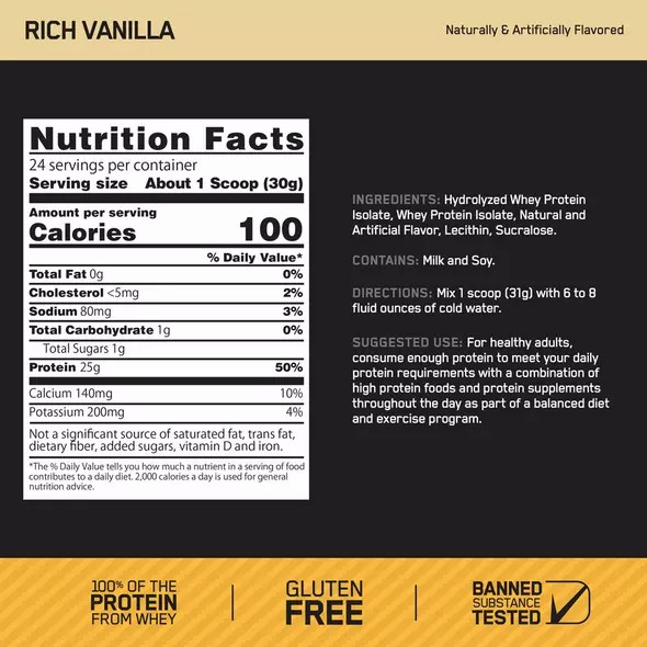 Optimum Nutrition GOLD STANDARD® 100% Isolate Rich Vanilla 2.91 lb (44 Servings) South Africa | UGOWCT-546
