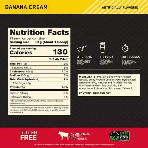 Optimum Nutrition GOLD STANDARD 100% WHEY™ Banana Cream 5 lb (73 Servings) South Africa | NYIPMX-170