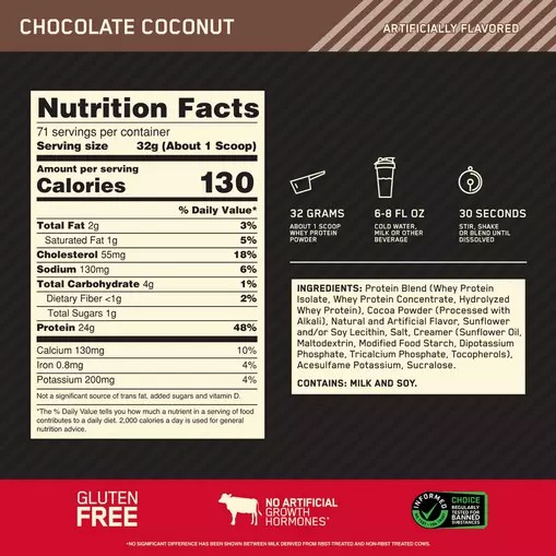 Optimum Nutrition GOLD STANDARD 100% WHEY™ Chocolate Coconut 5 lb (71 Servings) South Africa | ZXPHFU-956