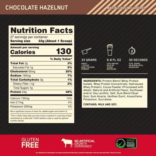 Optimum Nutrition GOLD STANDARD 100% WHEY™ Chocolate Hazelnut 2 lb (27 Servings) South Africa | NRABUE-819