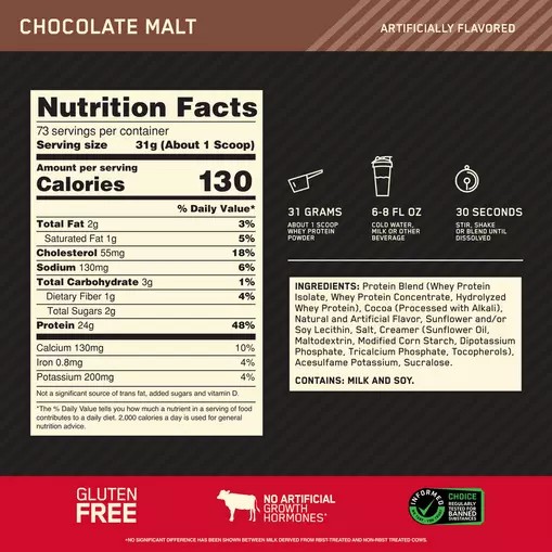 Optimum Nutrition GOLD STANDARD 100% WHEY™ Chocolate Malt 5 lb (73 Servings) South Africa | GBYCNR-794