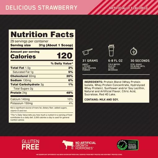 Optimum Nutrition GOLD STANDARD 100% WHEY™ Delicious Strawberry 2 lb (29 Servings) South Africa | MPRODI-236