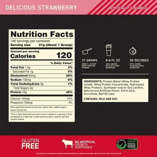 Optimum Nutrition GOLD STANDARD 100% WHEY™ Delicious Strawberry 10 lb (146 Servings) South Africa | ROQYPG-309