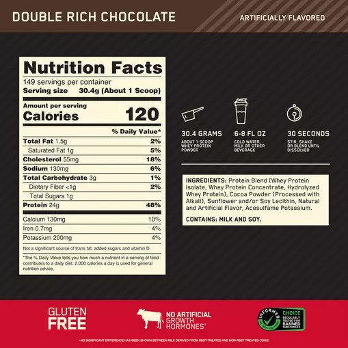 Optimum Nutrition GOLD STANDARD 100% WHEY™ Double Rich Chocolate 10 lb (149 Servings) South Africa | PDGJNF-326