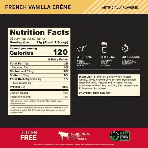 Optimum Nutrition GOLD STANDARD 100% WHEY™ French Vanilla Creme 2 lb (29 Servings) South Africa | RFEHDV-452