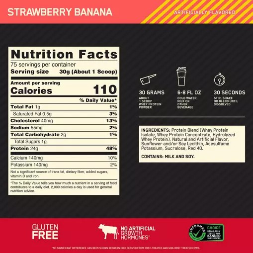Optimum Nutrition GOLD STANDARD 100% WHEY™ Strawberry Banana 5 lb (75 Servings) South Africa | CLIXUV-701