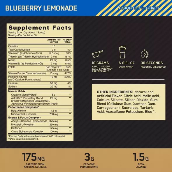 Optimum Nutrition GOLD STANDARD® Pre-Workout Blueberry Lemonade 0.66 lb (30 Servings) South Africa | JKYOPH-956