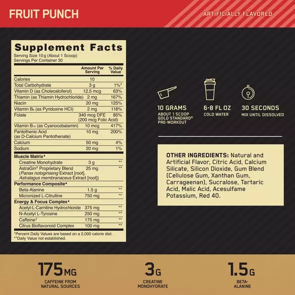 Optimum Nutrition GOLD STANDARD® Pre-Workout Fruit Punch 0.66 lb (30 Servings) South Africa | STAIVW-328