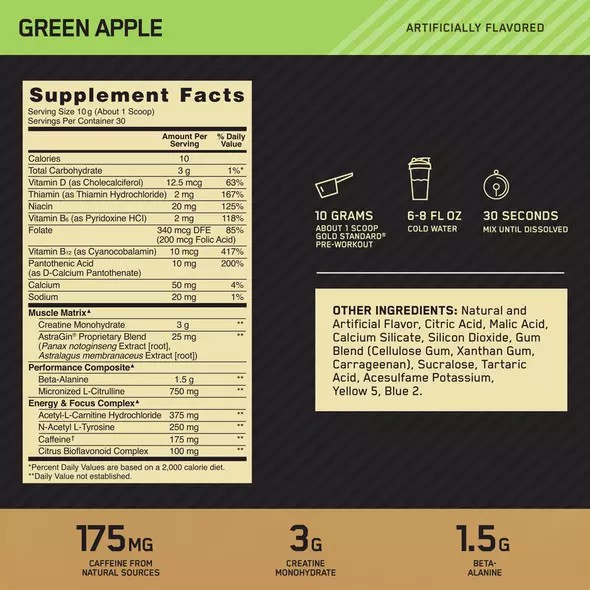 Optimum Nutrition GOLD STANDARD® Pre-Workout Green Apple 0.66 lb (30 Servings) South Africa | OFKJIH-617