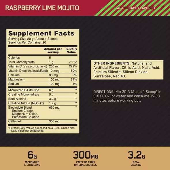 Optimum Nutrition GOLD STANDARD® Pre Advanced Raspberry Lime Mojito 0.88 lb (20 Servings) South Africa | OJHQPC-941