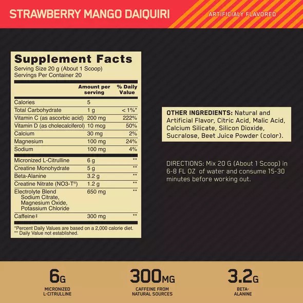 Optimum Nutrition GOLD STANDARD® Pre Advanced Strawberry Mango Daiquiri 0.88 lb (20 Servings) South Africa | VXYLON-865