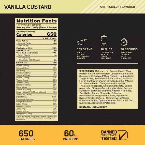 Optimum Nutrition GOLD STANDARD® Pro Gainer Vanilla Custard 5.09 lb (14 Servings) South Africa | ZREHCL-729