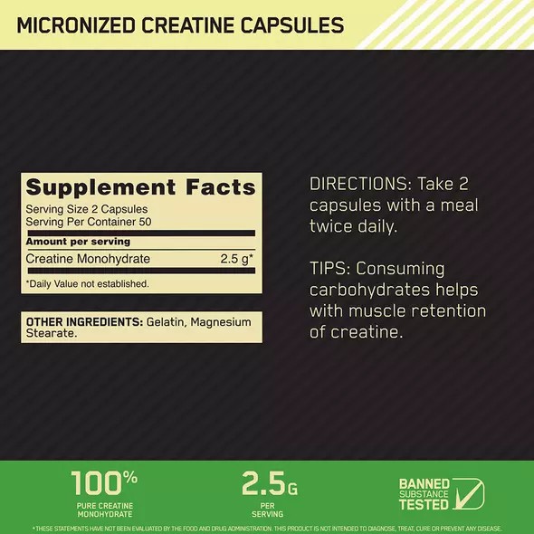 Optimum Nutrition Micronized Creatine Capsules 100 Capsules (50 Servings) South Africa | GKAILP-875