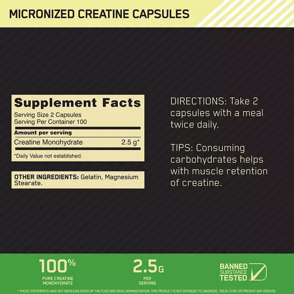 Optimum Nutrition Micronized Creatine Capsules 200 Capsules (100 Servings) South Africa | SOYXCT-230