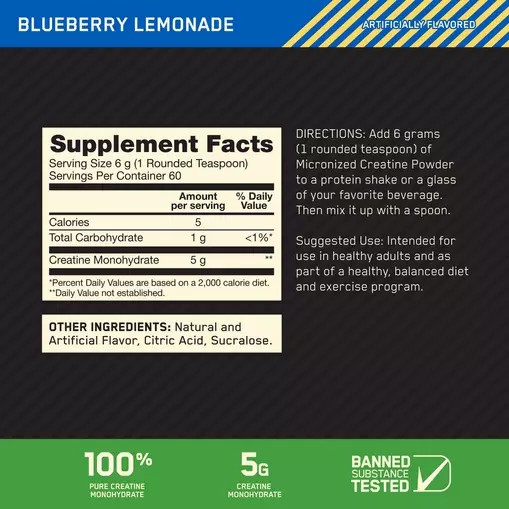 Optimum Nutrition Micronized Creatine Powder Blueberry Lemonade 0.79 lb (60 Servings) South Africa | BKMJTE-741