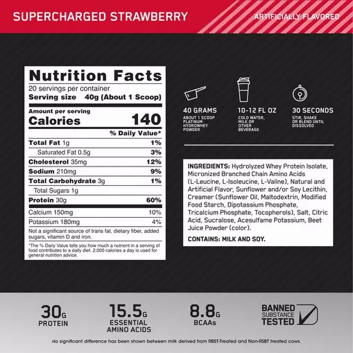 Optimum Nutrition PLATINUM HYDROWHEY™ Supercharged Strawberry 1.76 lb (20 Servings) South Africa | KIOQJH-073