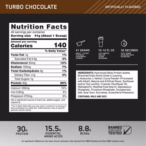 Optimum Nutrition PLATINUM HYDROWHEY™ Turbo Chocolate 3.61 lb (40 Servings) South Africa | TQDRWF-067