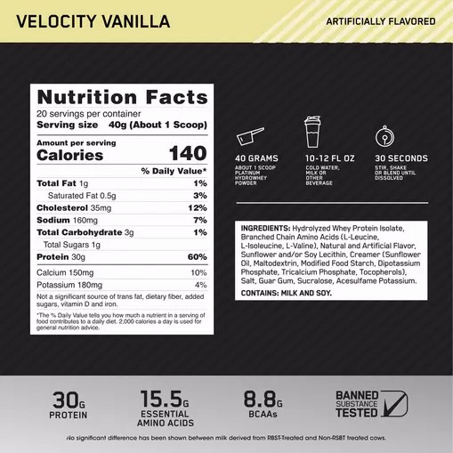 Optimum Nutrition PLATINUM HYDROWHEY™ Velocity Vanilla 1.76 lb (20 Servings) South Africa | KQOFHL-946