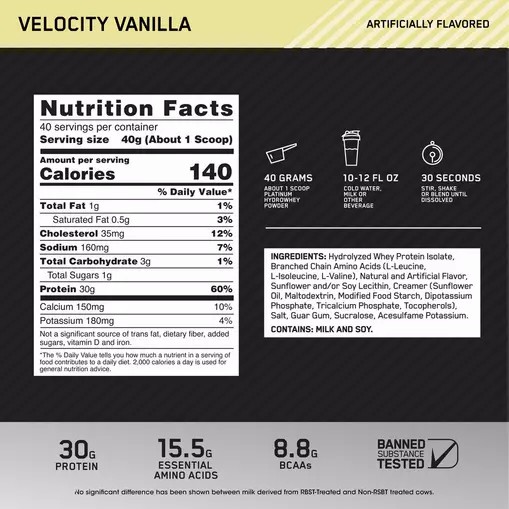 Optimum Nutrition PLATINUM HYDROWHEY™ Velocity Vanilla 3.52 lb (40 Servings) South Africa | BHFDAJ-241