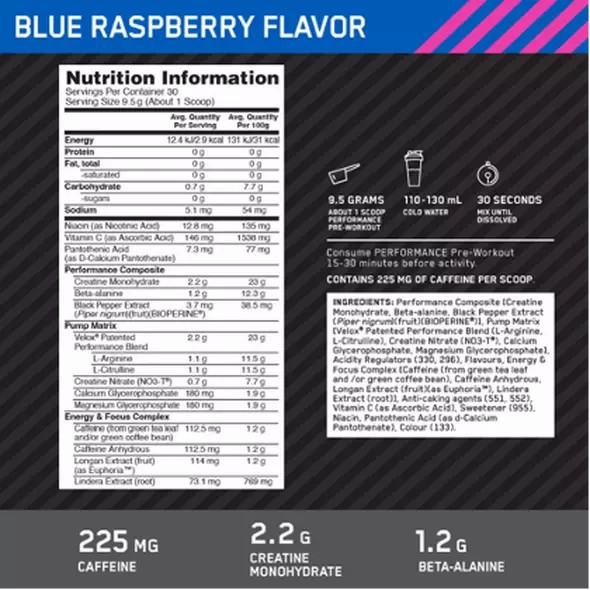 Optimum Nutrition Performance Pre-Workout Blue Raspberry 285g South Africa | CNWDZR-025