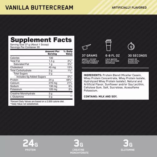 Optimum Nutrition Platinum Rebuild Vanilla Buttercream 1.63 lb (20 Servings) South Africa | DTCYEF-702