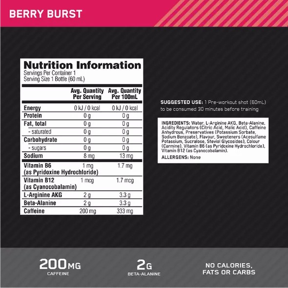 Optimum Nutrition Pure Pre 200 Pre-Workout Shot Berry 60ml (12 shots) South Africa | CRHKBY-065