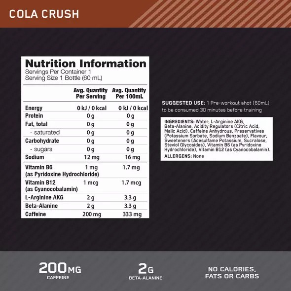 Optimum Nutrition Pure Pre 200 Pre-Workout Shot Cola 60ml (12 shots) South Africa | LXPISQ-571
