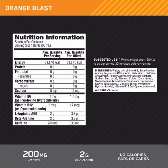 Optimum Nutrition Pure Pre 200 Pre-Workout Shot Orange 60ml (12 shots) South Africa | GBOAQY-287
