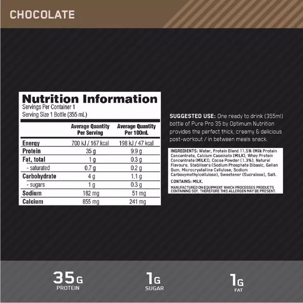 Optimum Nutrition Pure Pro 35 Chocolate 355ml (6 bottles) South Africa | UCMANV-371