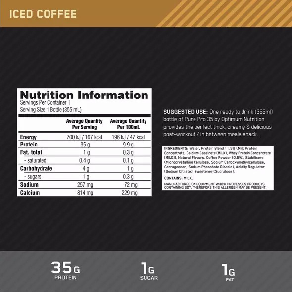 Optimum Nutrition Pure Pro 35 Coffee 355ml (6 bottles) South Africa | GPCYEM-152