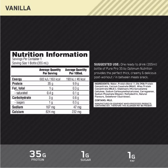 Optimum Nutrition Pure Pro 35 Vanilla 355ml (6 bottles) South Africa | QOISEV-719