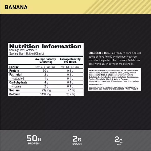 Optimum Nutrition Pure Pro 50 Banana 508ml (12 bottles) South Africa | WNRHVM-153