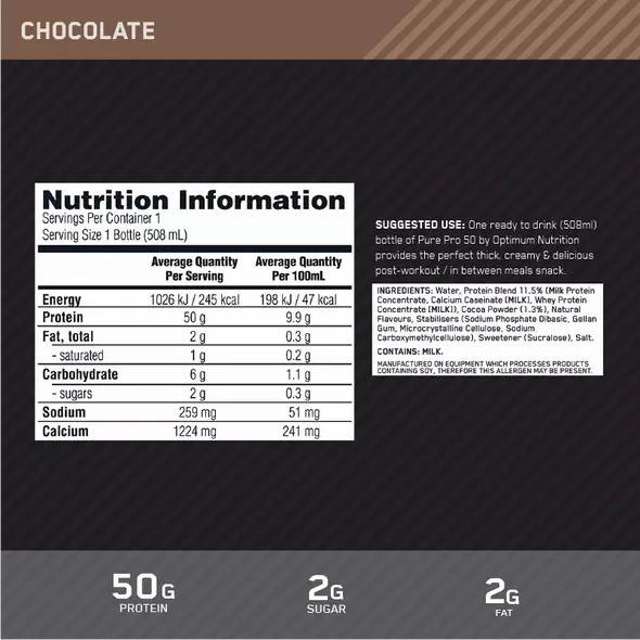 Optimum Nutrition Pure Pro 50 Chocolate 508ml (12 bottles) South Africa | YGMOLE-460